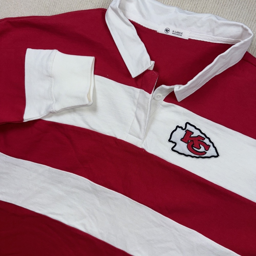 '47 Brand Rugby Polo Men XL Red Kansas City Chiefs Striped Long Sleeve Cropped